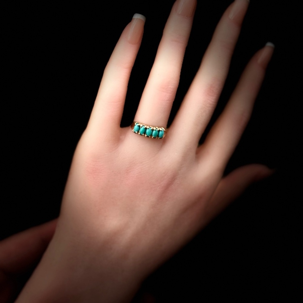 Sweet Antique 9ct Yellow Gold 5-Stone Turquoise Ring – Size 6 – Hallmarked 375 - Picture 11 of 11